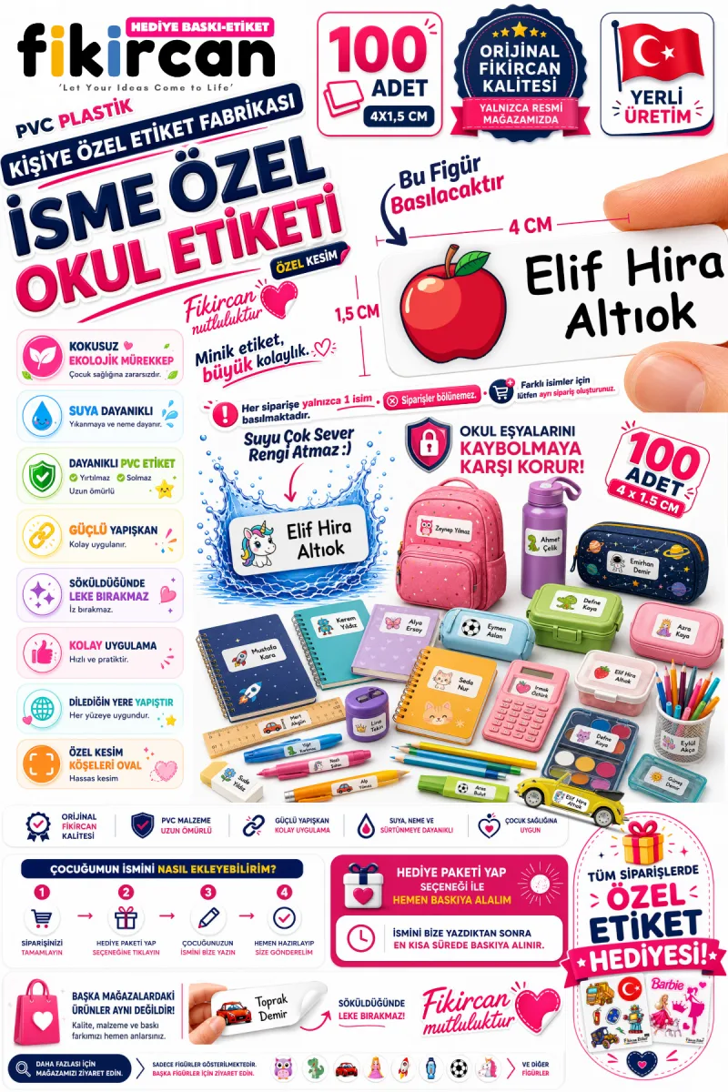 İsme Özel Okul Etiketi - 100 Adet - 1.5 x 4 cm - PVC Etiket - FİGÜR 110 — fotoğraf 1