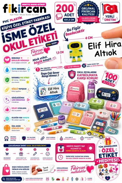 İsme Özel Okul Etiketi - 200 Adet - 1,5 x 4 cm - PVC Etiket - - FİGÜR 74