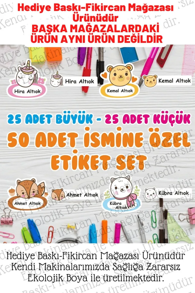 -isme Özel Okul Etiket Seti - 50 Adet - Kokusuz Ekolojik Mürekkep Pvc Etiket — fotoğraf 1