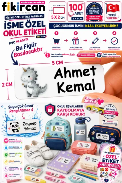 İsme Özel Okul Etiketi - 100 Adet - 5 x 2 cm - PVC Etiket - FİGÜR 3