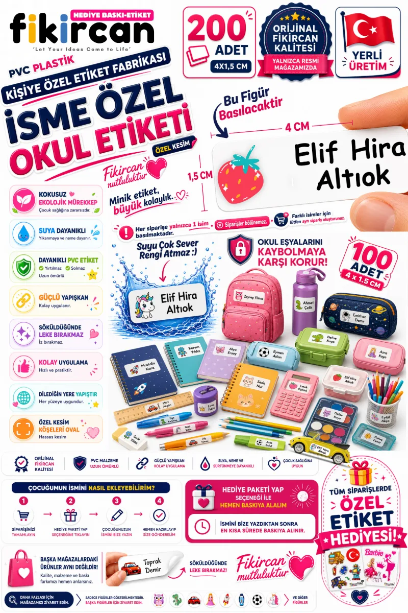 İsme Özel Okul Etiketi - 200 Adet - 1,5 x 4 cm - PVC Etiket - - FİGÜR 31 — fotoğraf 1