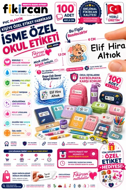İsme Özel Okul Etiketi - 100 Adet - 1.5 x 4 cm - PVC Etiket - FİGÜR 92