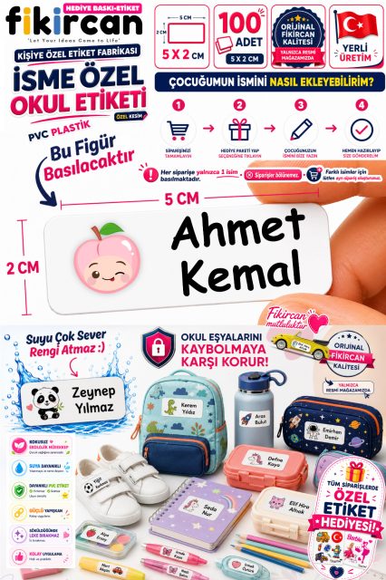 İsme Özel Okul Etiketi - 100 Adet - 5 x 2cm - PVC Etiket - FİGÜR 103