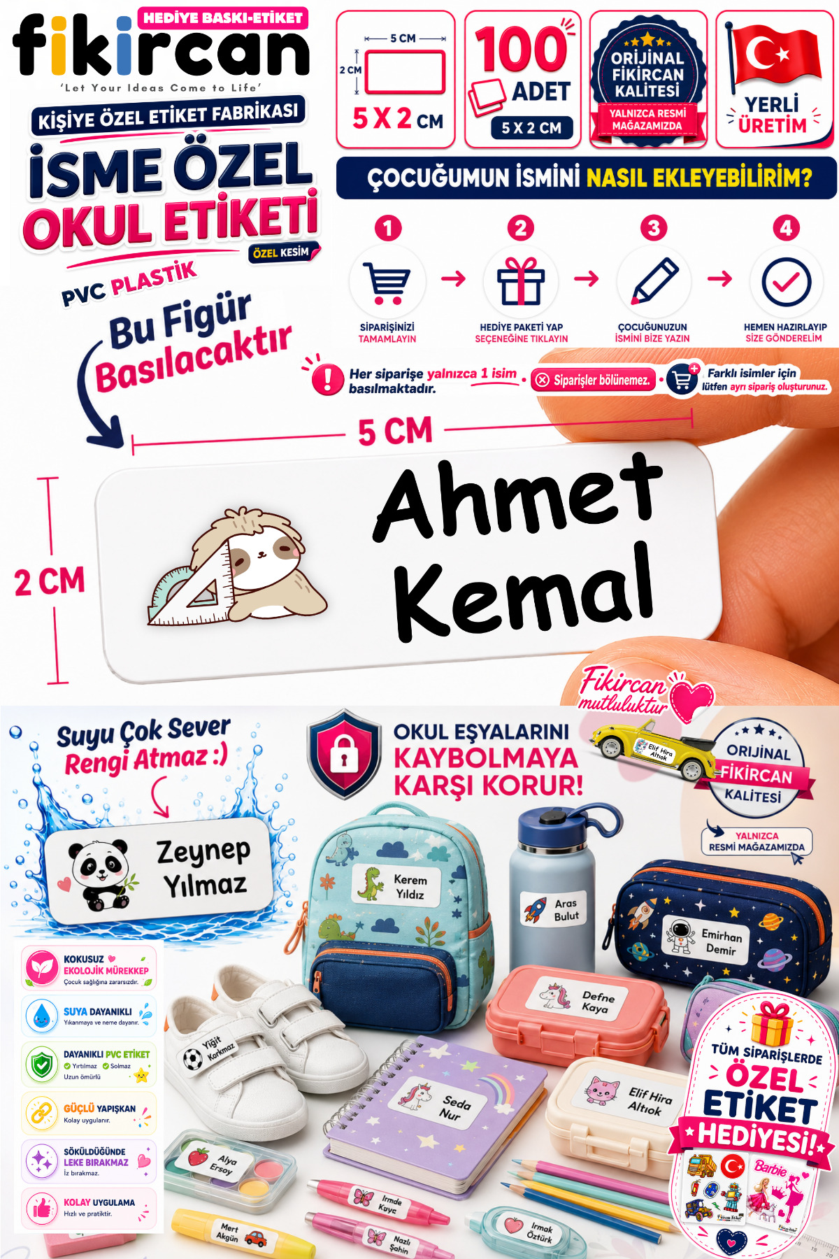 İsme Özel Okul Etiketi - 100 Adet - 5 x 2 cm - PVC Etiket - FİGÜR 94 — fotoğraf 1
