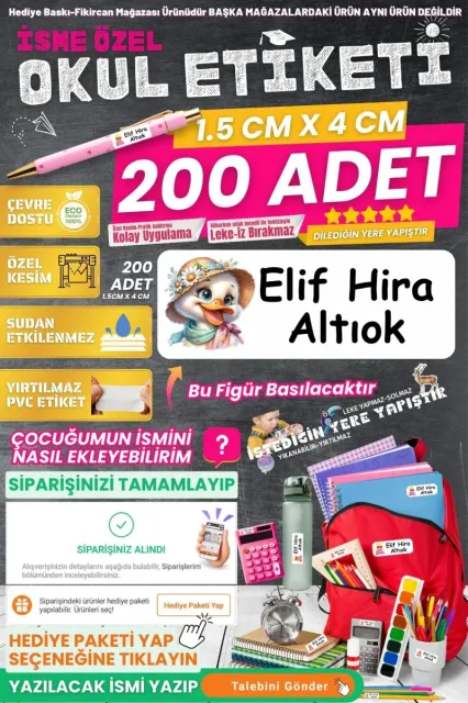 Fikircan-İsme Özel Okul Etiketi-SEVİMLİ ÖRDEK 200 Adet - Kokusuz Ekolojik Mürekkep PVC ETİKET