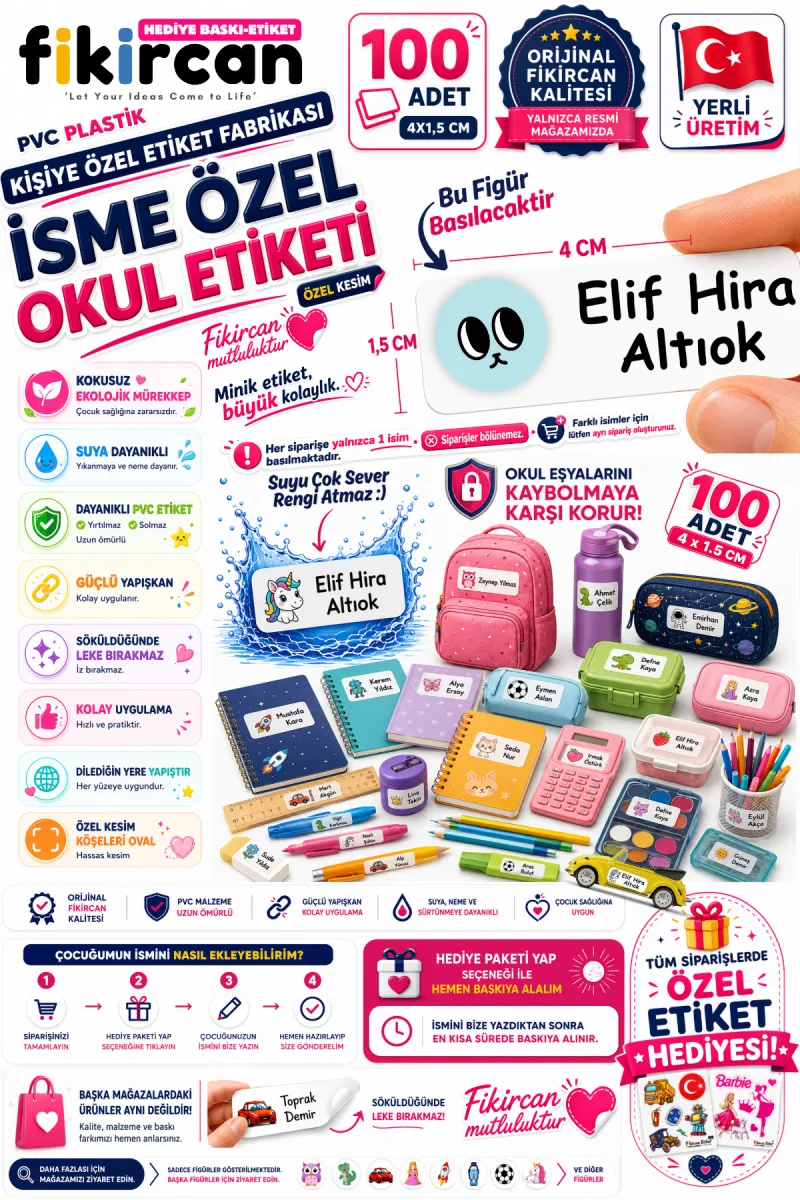 İsme Özel Okul Etiketi - 100 Adet - 1.5 x 4 cm - PVC Etiket - FİGÜR 35 — fotoğraf 1
