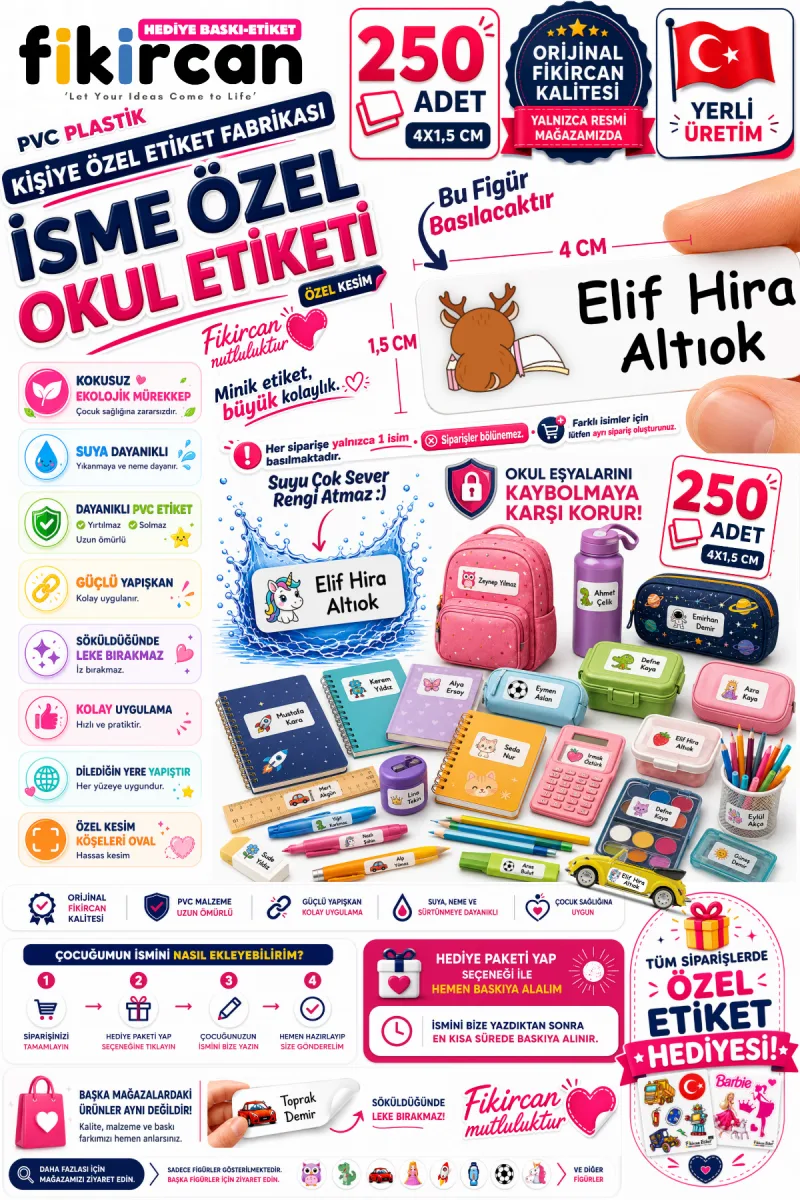 İsme Özel Okul Etiketi - 250 Adet - 1.5 x 4 cm - PVC Etiket - FİGÜR 91 — fotoğraf 1