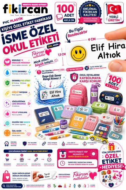 İsme Özel Okul Etiketi - 100 Adet - 1.5 x 4 cm - PVC Etiket - FİGÜR 30