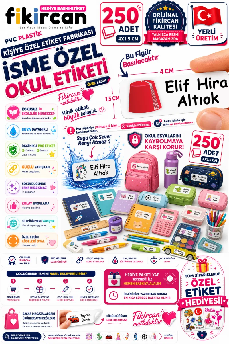 İsme Özel Okul Etiketi - 250 Adet - 1.5 x 4 cm - PVC Etiket - FİGÜR 135 — fotoğraf 1