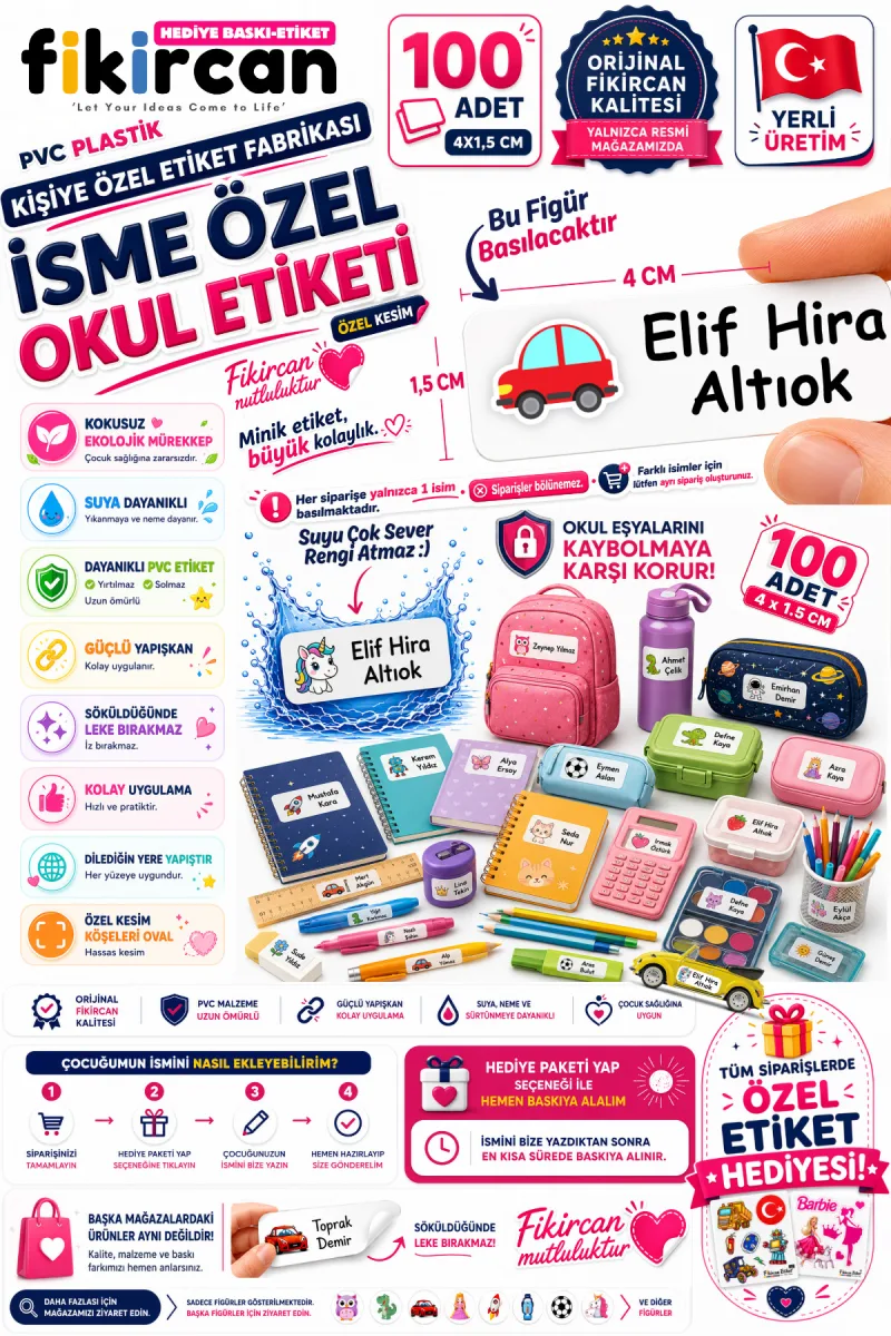 İsme Özel Okul Etiketi - 100 Adet - 1.5 x 4 cm - PVC Etiket - FİGÜR 79 — fotoğraf 1