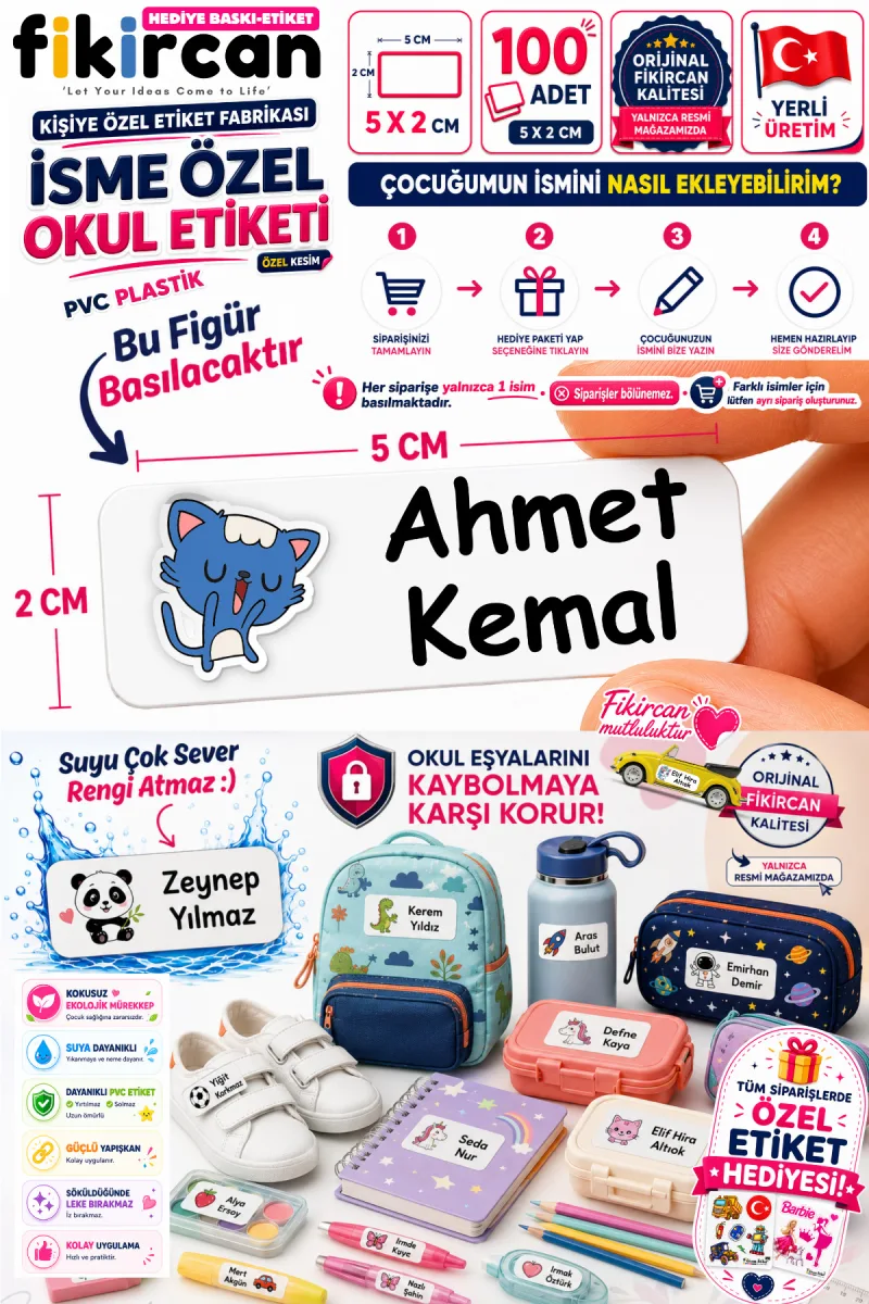 İsme Özel Okul Etiketi - 100 Adet - 5 x 2 cm - PVC Etiket - FİGÜR 39 — fotoğraf 1