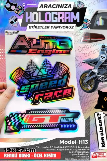 Fikircan-Hologram Etiket- Araba ve Motorsiklet Cam ve Kaporta Uyumlu Renkli Baskı Özel Kesim Sticker