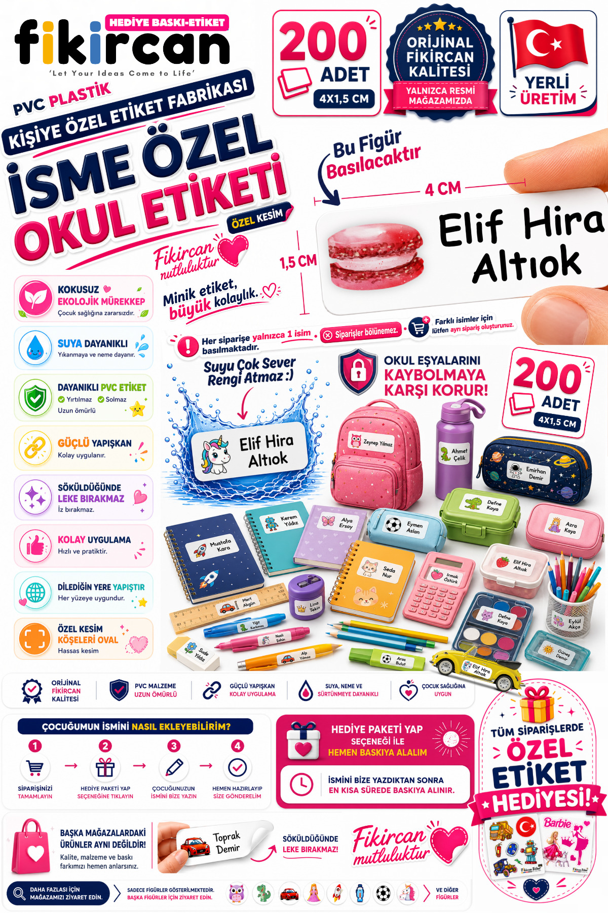 İsme Özel Okul Etiketi - 200 Adet - 1.5 x 4 cm - PVC Etiket - FİGÜR 44 1453260718253