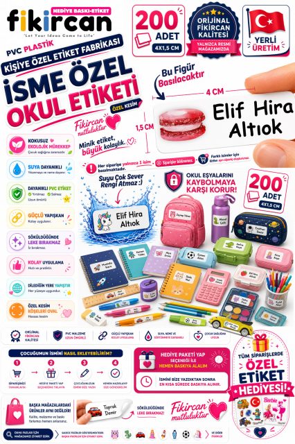 İsme Özel Okul Etiketi - 200 Adet - 1.5 x 4 cm - PVC Etiket - FİGÜR 44 1453260718253