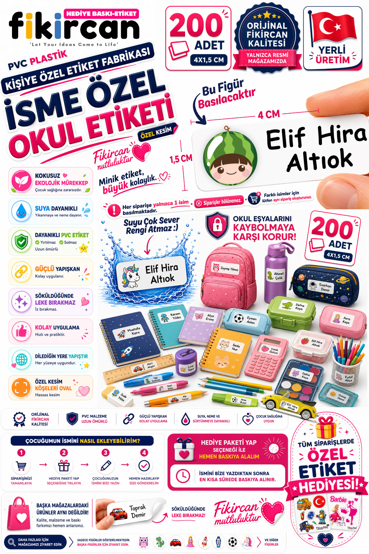 İsme Özel Okul Etiketi - 200 Adet - 1.5 x 4 cm - PVC Etiket - FİGÜR 107 1453260718215