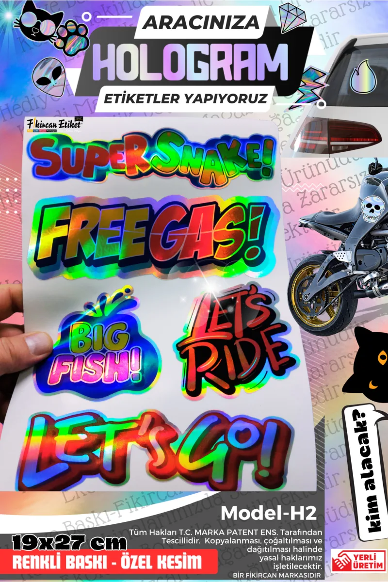 Fikircan-Hologram Etiket- Araba ve Motorsiklet Cam ve Kaporta Uyumlu Renkli Baskı Özel Kesim Sticker — fotoğraf 1