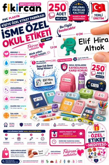 İsme Özel Okul Etiketi - 250 Adet - 1.5 x 4 cm - PVC Etiket - FİGÜR 19