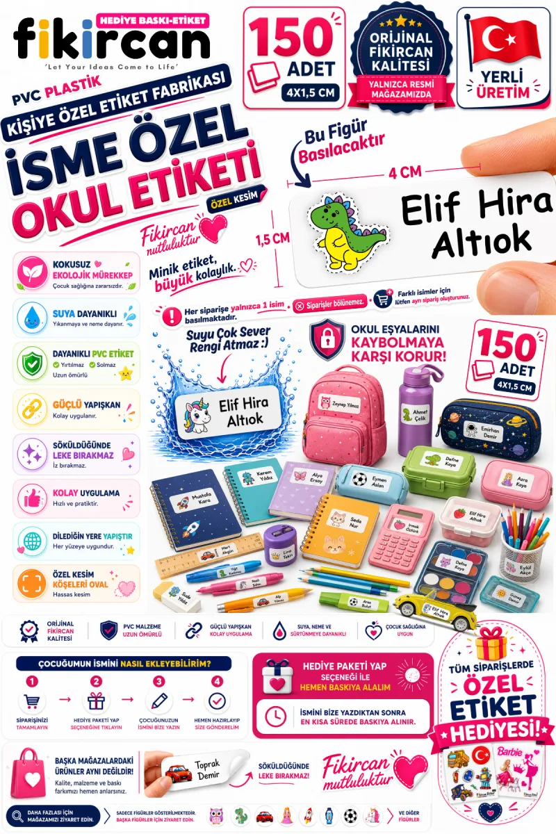 İsme Özel Okul Etiketi - 150 Adet - 1.5 x 4 cm - PVC Etiket - FİGÜR 1 — fotoğraf 1