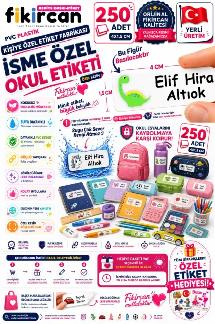İsme Özel Okul Etiketi - 250 Adet - 1.5 x 4 cm - PVC Etiket - FİGÜR 70