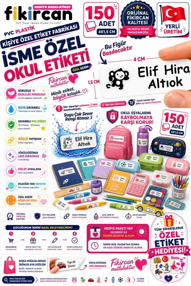 İsme Özel Okul Etiketi - 150 Adet - 1.5 x 4 cm - PVC Etiket - FİGÜR 16 — fotoğraf 1