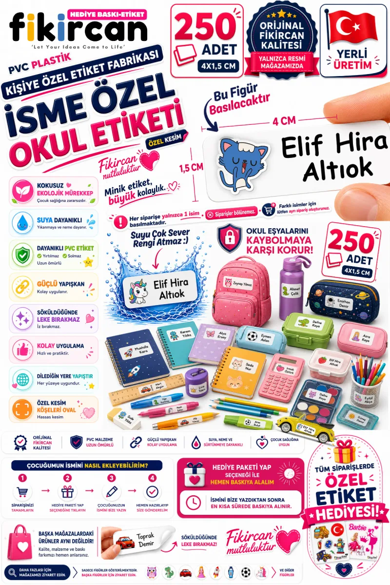 İsme Özel Okul Etiketi - 250 Adet - 1.5 x 4 cm - PVC Etiket - FİGÜR 39 — fotoğraf 1