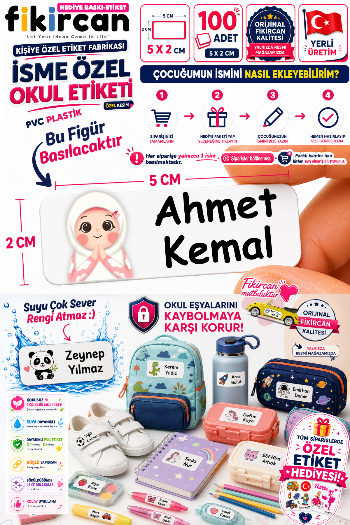 İsme Özel Okul Etiketi - 100 Adet - 5 x 2 cm - PVC Etiket - FİGÜR 137 — fotoğraf 1