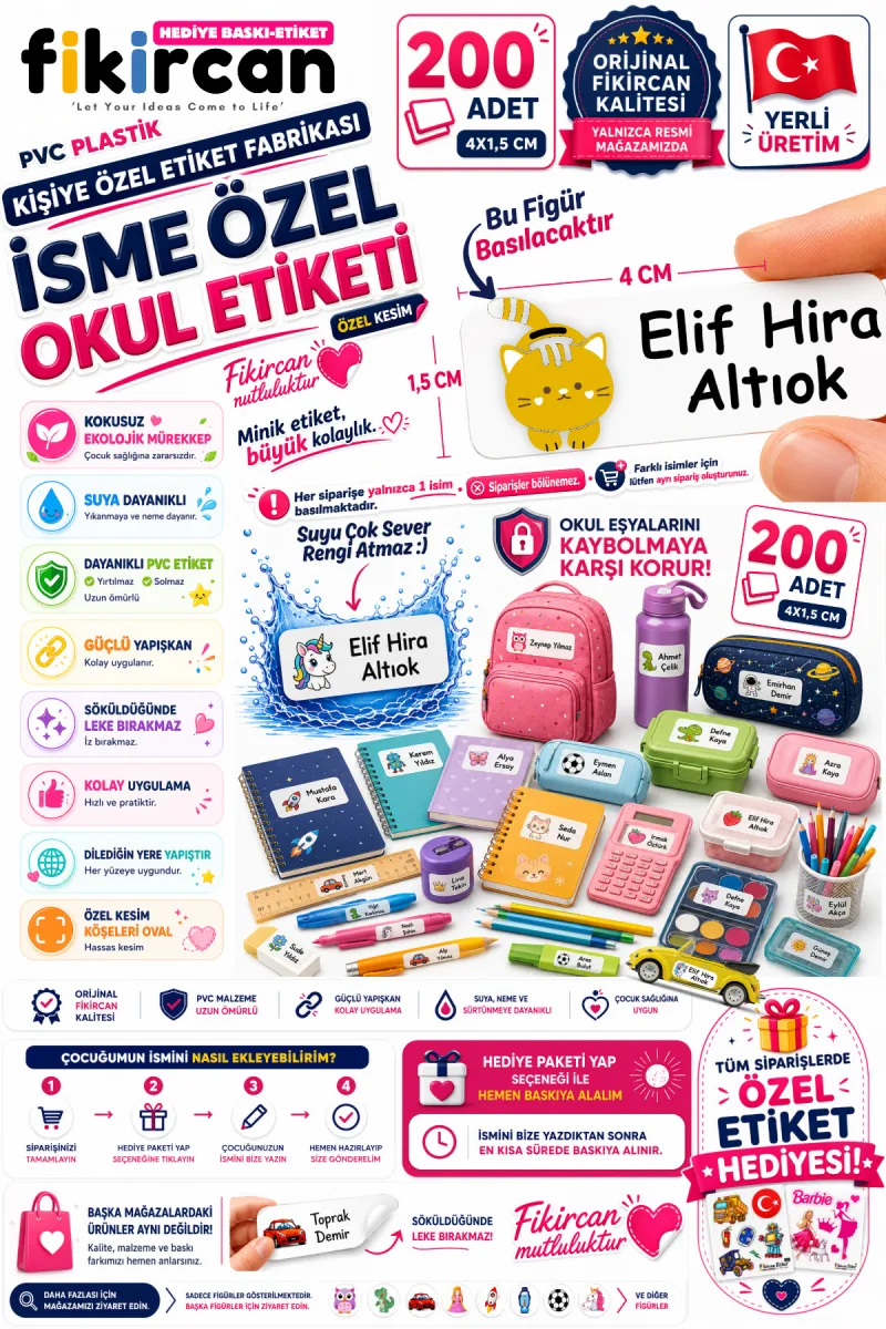 İsme Özel Okul Etiketi - 200 Adet - 1.5 x 4 cm - PVC Etiket - FİGÜR 95 1453260717300 — fotoğraf 1