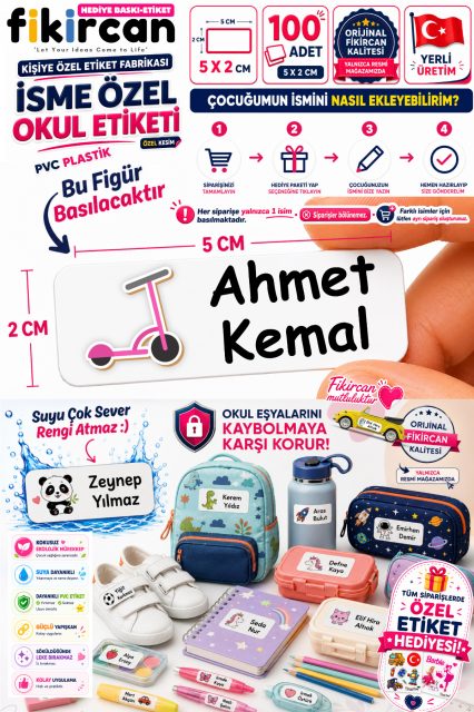 İsme Özel Okul Etiketi - 100 Adet - 5 x 2 cm - PVC Etiket - FİGÜR 128