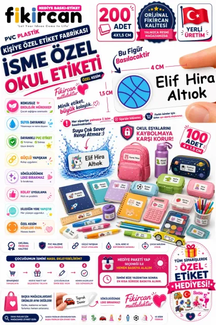 İsme Özel Okul Etiketi - 200 Adet - 1,5 x 4 cm - PVC Etiket - - FİGÜR 82