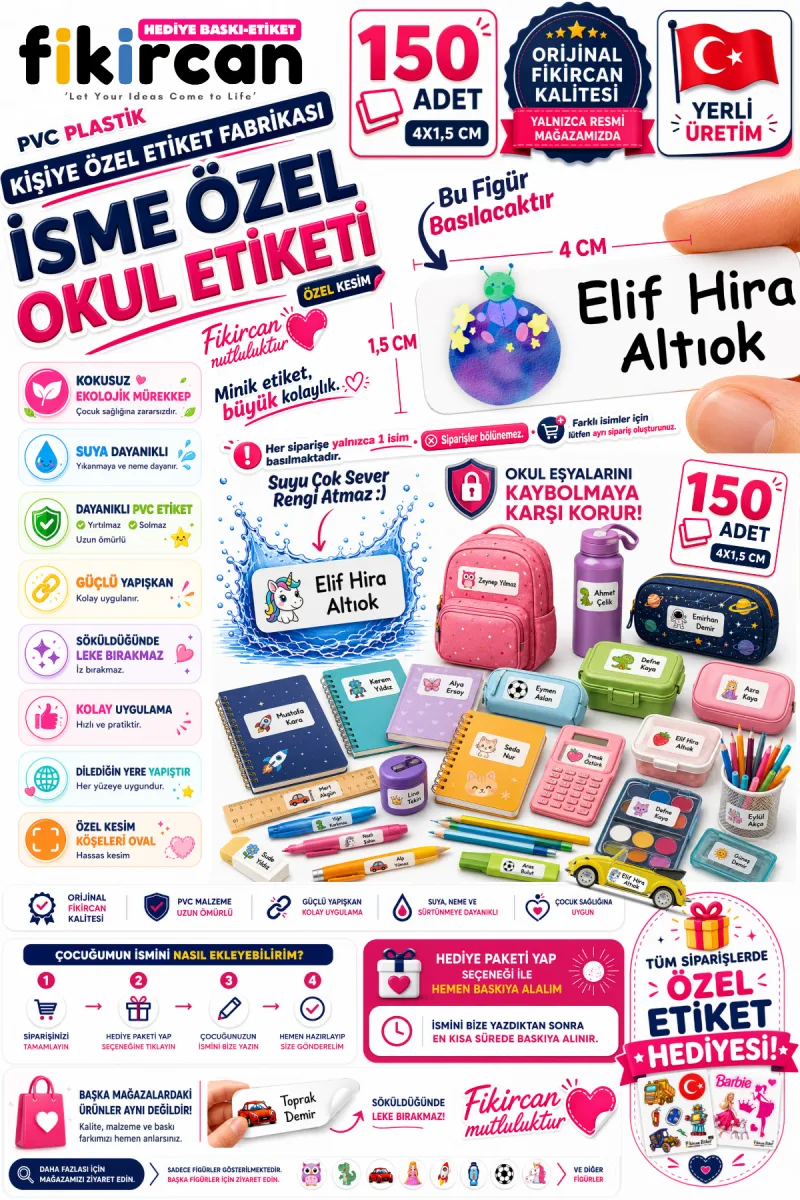 İsme Özel Okul Etiketi - 150 Adet - 1.5 x 4 cm - PVC Etiket - FİGÜR 12 — fotoğraf 1