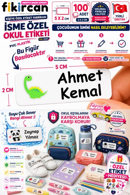 İsme Özel Okul Etiketi - 100 Adet - 5 x 2cm - PVC Etiket - FİGÜR 70