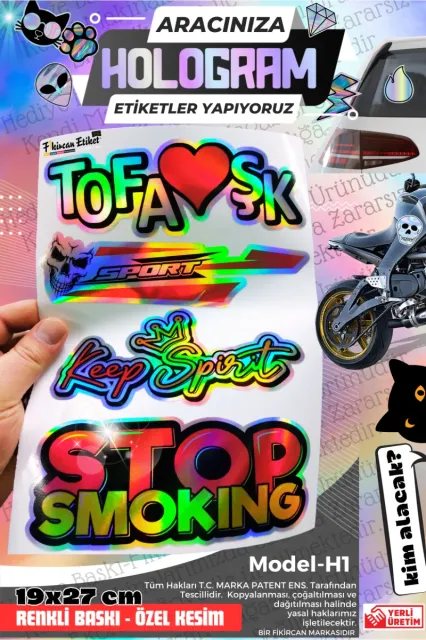 Fikircan-Hologram Etiket- Araba ve Motorsiklet Cam ve Kaporta Uyumlu Renkli Baskı Özel Kesim Sticker