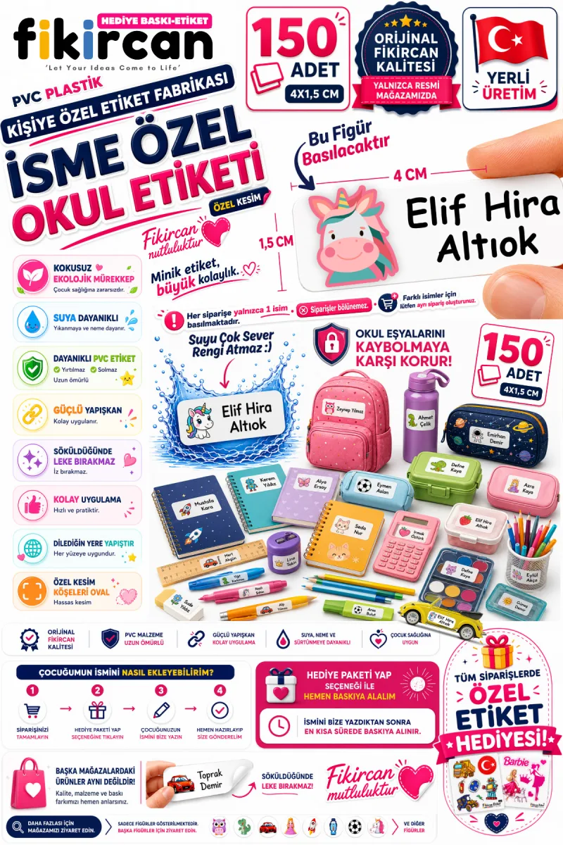 İsme Özel Okul Etiketi - 150 Adet - 1.5 x 4 cm - PVC Etiket - FİGÜR 36 — fotoğraf 1