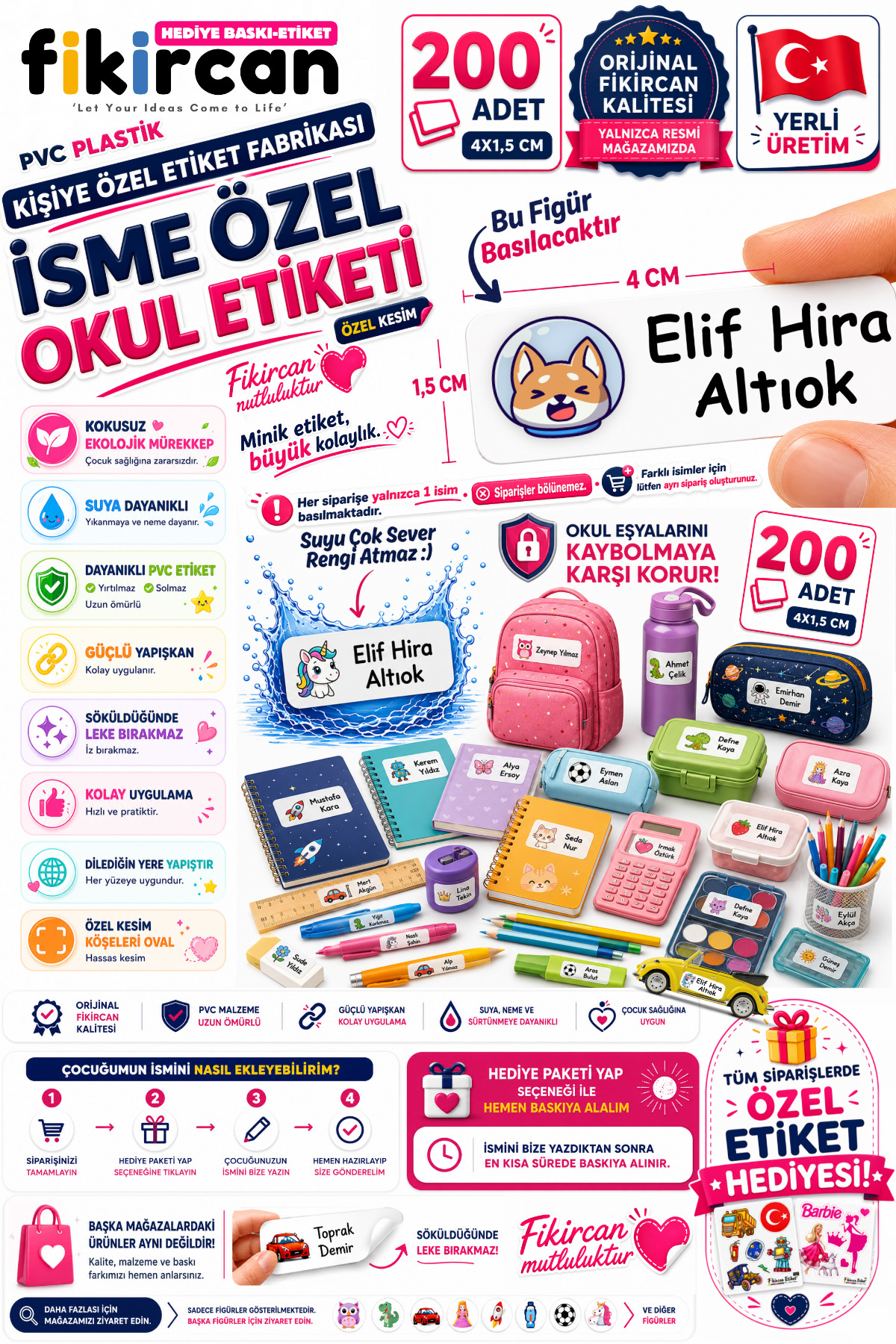 İsme Özel Okul Etiketi - 200 Adet - 1.5 x 4 cm - PVC Etiket - FİGÜR 114 — fotoğraf 1
