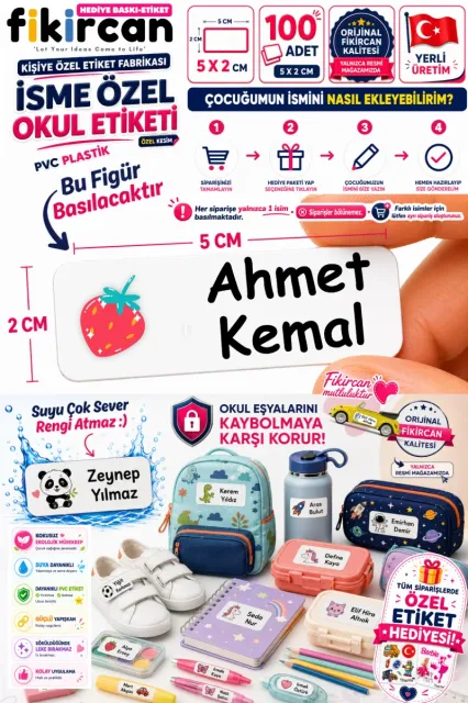 İsme Özel Okul Etiketi - 100 Adet - 5 x 2 cm - PVC Etiket - FİGÜR 31