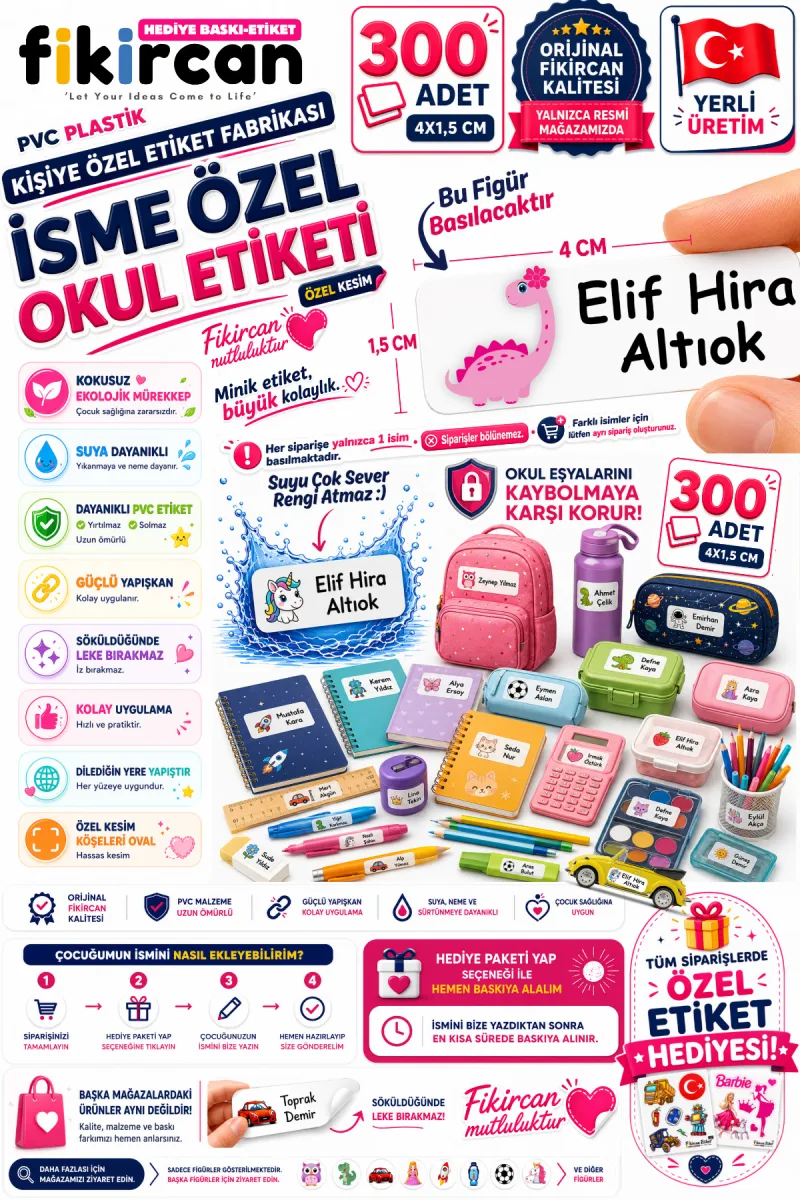 İsme Özel Okul Etiketi - 300 Adet - 1.5 x 4 cm - PVC Etiket - FİGÜR 71 — fotoğraf 1