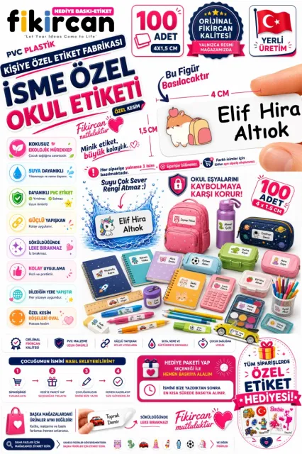 İsme Özel Okul Etiketi - 100 Adet - 1.5 x 4 cm - PVC Etiket - FİGÜR 59