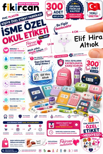 İsme Özel Okul Etiketi - 300 Adet - 1.5 x 4 cm - PVC Etiket - FİGÜR 89