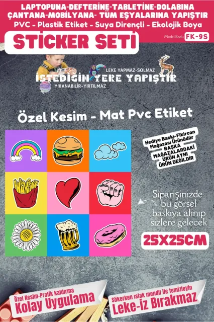 Fikircan Etiket Seti 25x25cm Pvc Sticker -Defter-Laptop-Tablet-Telefon-Dolap-Cam vb Her yere Yapışır