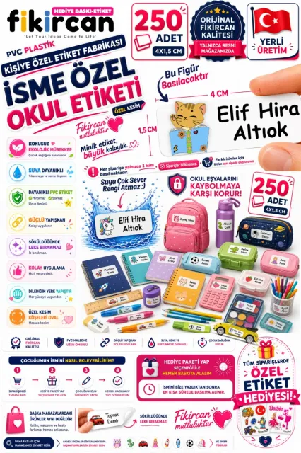 İsme Özel Okul Etiketi - 250 Adet - 1.5 x 4 cm - PVC Etiket - FİGÜR 63