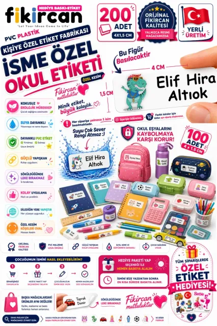 İsme Özel Okul Etiketi - 200 Adet - 1,5 x 4 cm - PVC Etiket - - FİGÜR 72