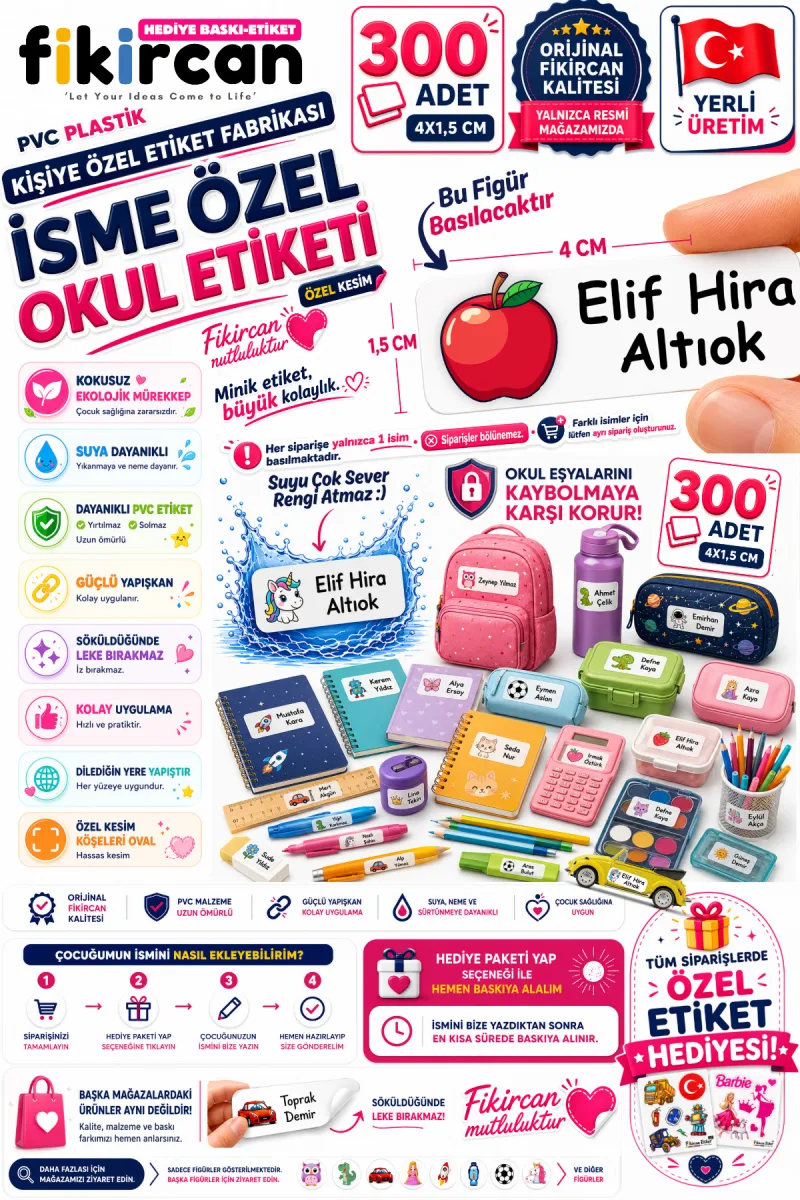 İsme Özel Okul Etiketi - 300 Adet - 1.5 x 4 cm - PVC Etiket - FİGÜR 110 — fotoğraf 1