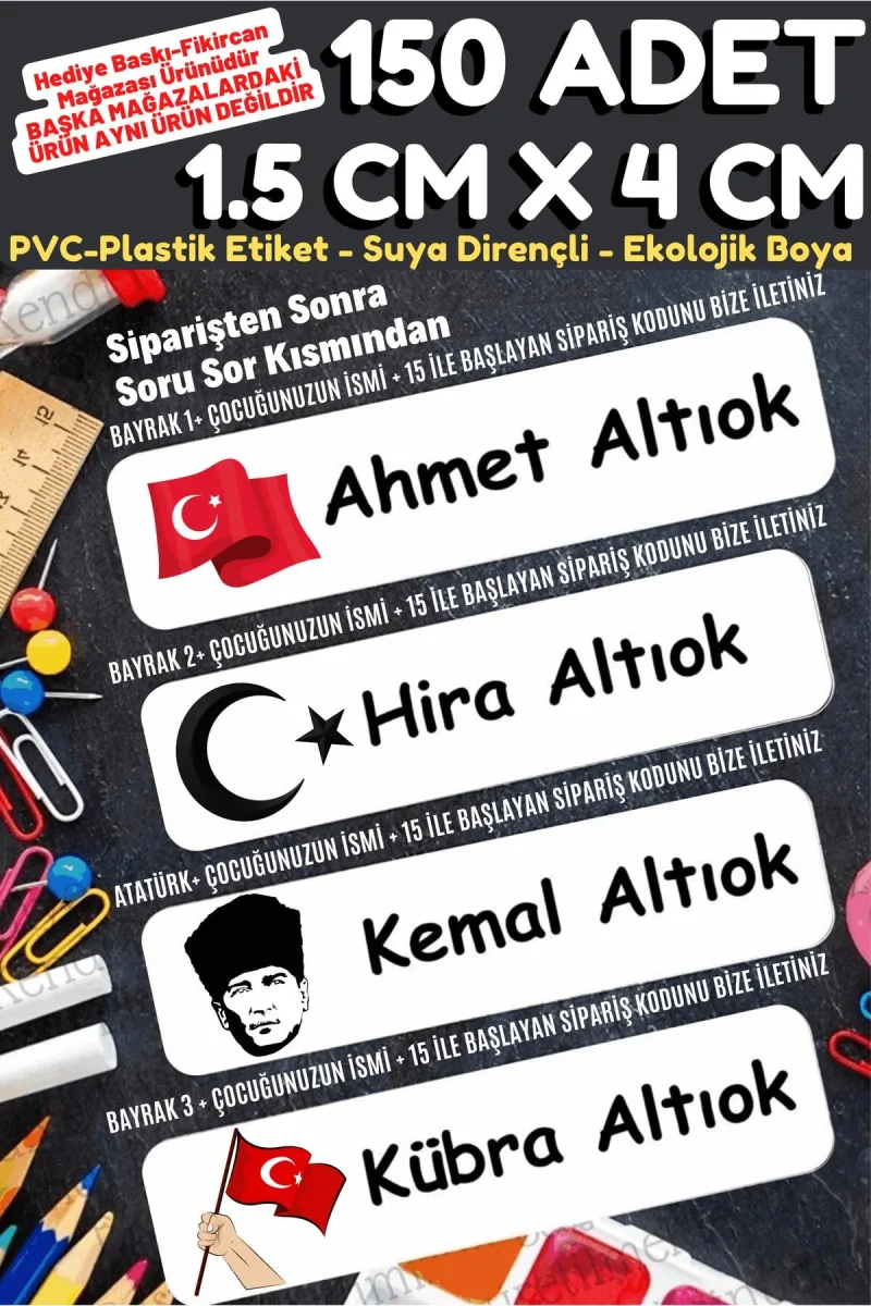 -isme Özel Okul Etiket Seti Bayrak-atatürk-150 Adet - Kokusuz Ekolojik Mürekkep Pvc Etiket — fotoğraf 1