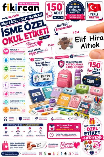 İsme Özel Okul Etiketi - 150 Adet - 1.5 x 4 cm - PVC Etiket - FİGÜR 58