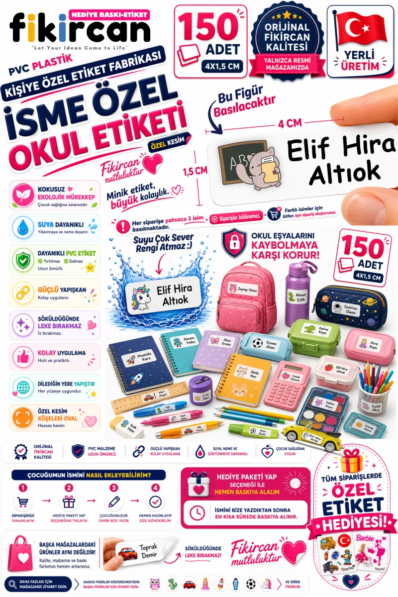 İsme Özel Okul Etiketi - 150 Adet - 1.5 x 4 cm - PVC Etiket - FİGÜR 55 — fotoğraf 1