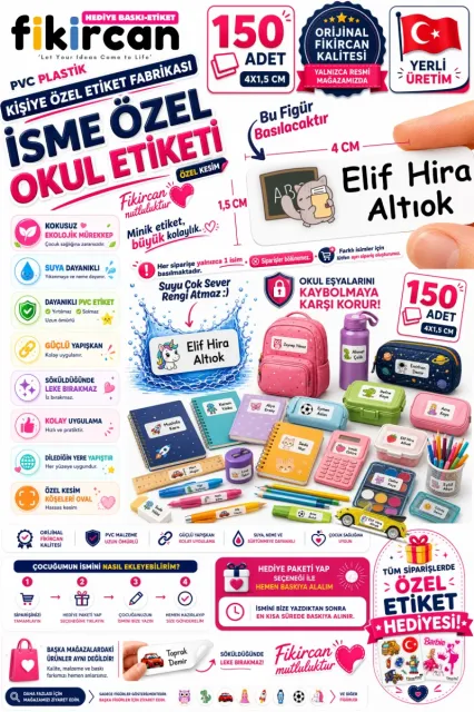 İsme Özel Okul Etiketi - 150 Adet - 1.5 x 4 cm - PVC Etiket - FİGÜR 55