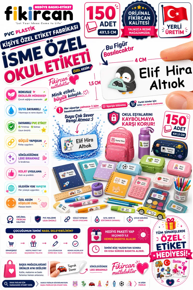 İsme Özel Okul Etiketi - 150 Adet - 1.5 x 4 cm - PVC Etiket - FİGÜR 66 — fotoğraf 1