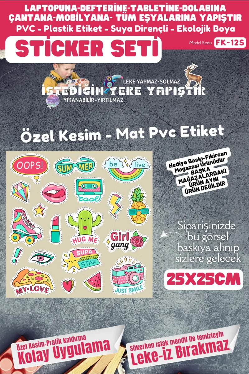 Fikircan Etiket Seti 25x25cm Pvc Sticker -Defter-Laptop-Tablet-Telefon-Dolap-Cam vb Her yere Yapışır — fotoğraf 1
