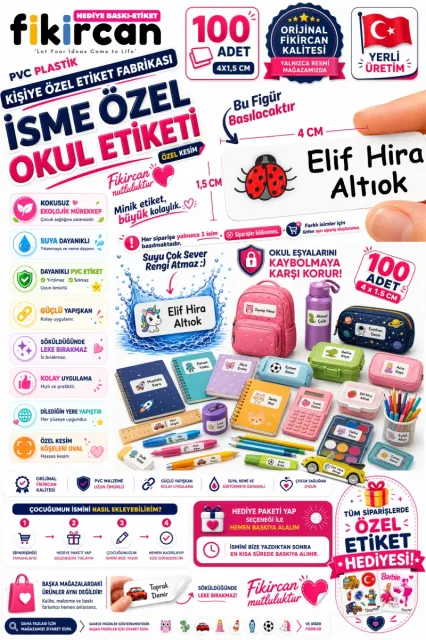 İsme Özel Okul Etiketi - 100 Adet - 1.5 x 4 cm - PVC Etiket - FİGÜR 18