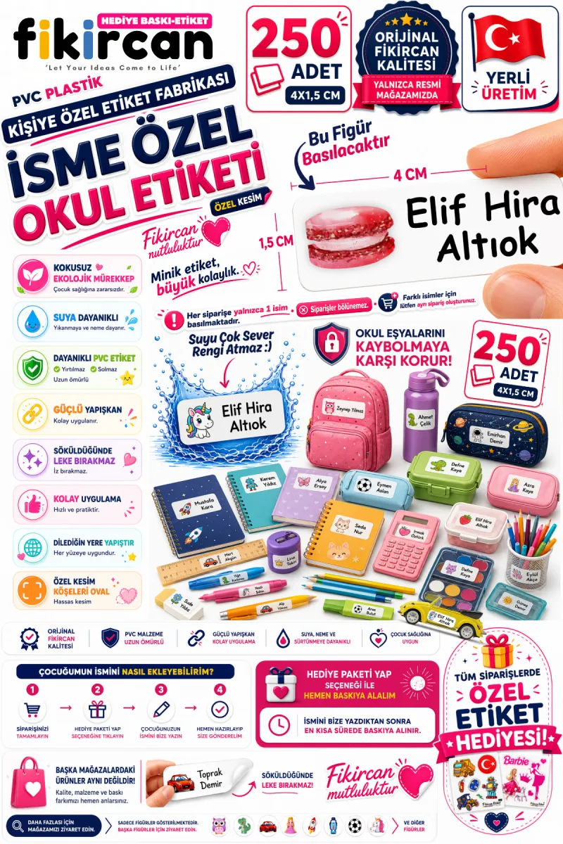 İsme Özel Okul Etiketi - 250 Adet - 1.5 x 4 cm - PVC Etiket - FİGÜR 44 — fotoğraf 1